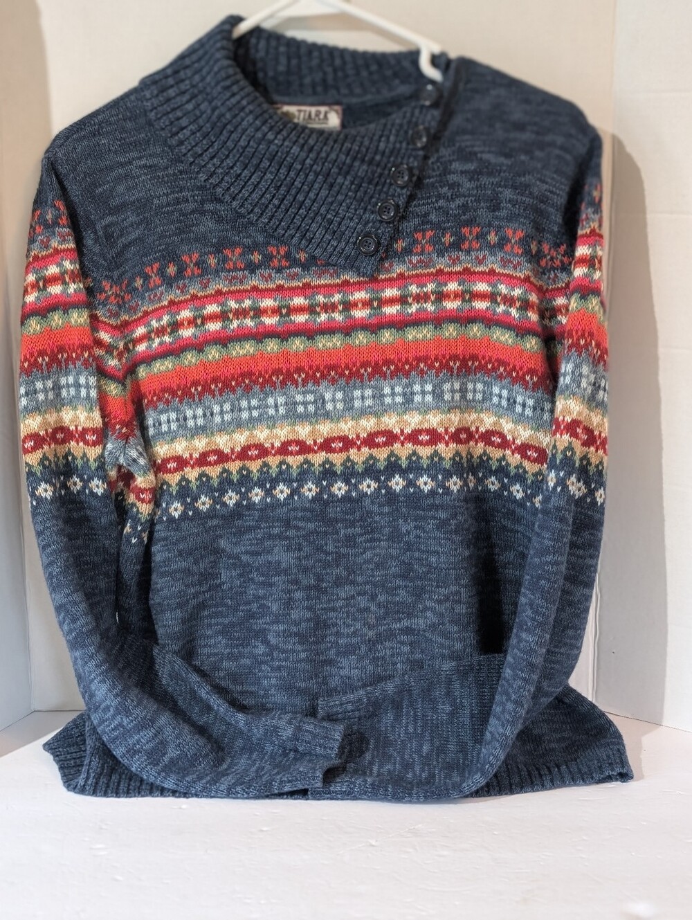 Tiara Women's Blue Fair Isle Button-Neck Sweater with Multicolor Stripes, Large